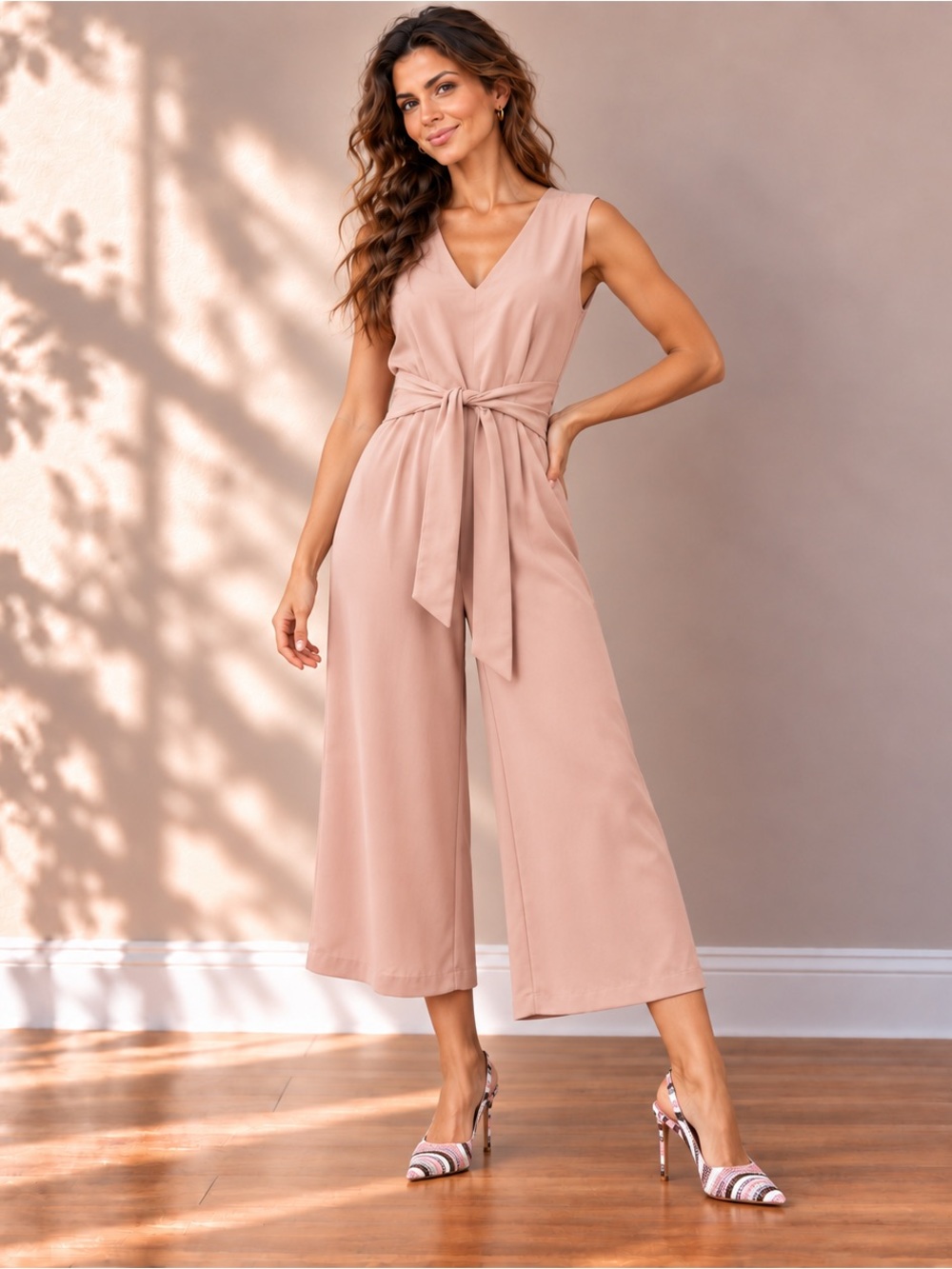 Tahari Blush Pink V-Neck Tie Waist Cropped Wide Leg Jumpsuit Size 8